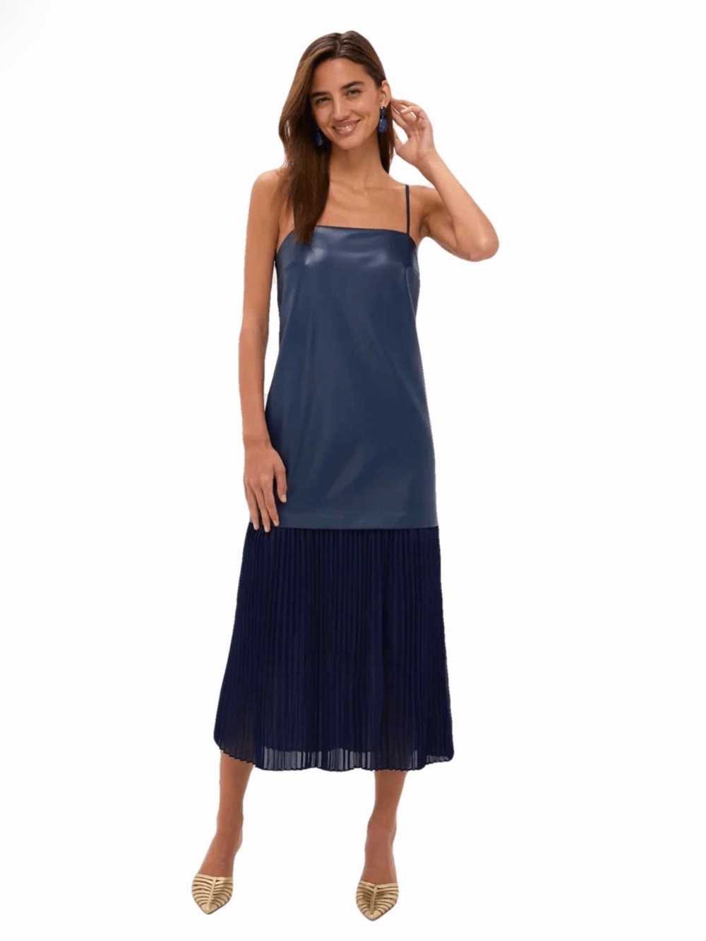 Tuckernuck - Navy Faux Leather Hyacinth House Pleated Midi/Maxi Dress